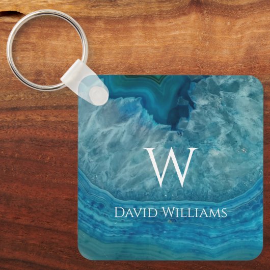 Blue Geode Agate Monogram Modern Name & Initiaal Sleutelhanger (Voorkant)