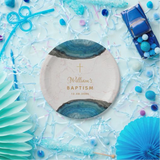 Blue Geode Boy Doop Marmeren Gouden Kruis Papieren Bordje (Feest)