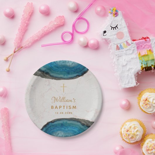 Blue Geode Boy Doop Marmeren Gouden Kruis Papieren Bordje (Feest)