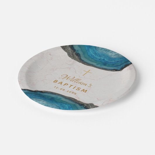 Blue Geode Boy Doop Marmeren Gouden Kruis Papieren Bordje (Gekanteld)