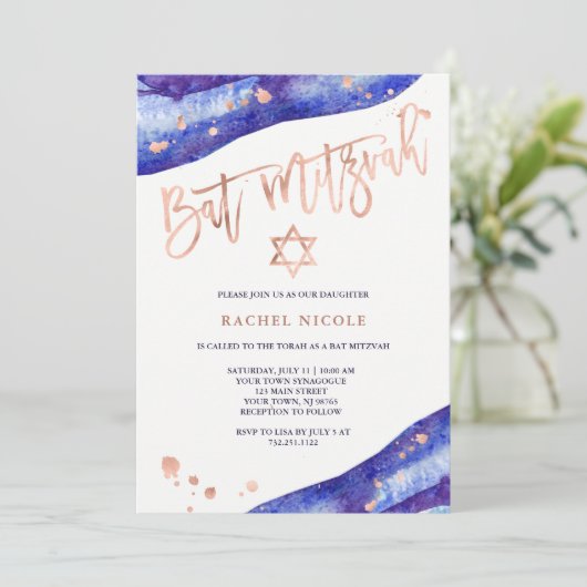 Blue Geode en Faux Roos Gold Kijk naar Mitzvah Kaart (Staand voorkant)