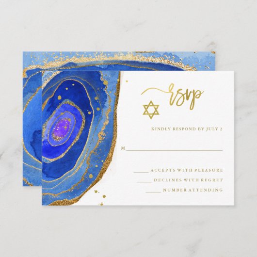 Blue Geode met Gold Bat Mitzvah of Bar Mitzvah RSVP Kaartje (Voorkant / Achterkant)