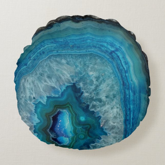 Blue Geode Rock Mineral Agate Crystal Afbeelding Rond Kussen (Voorkant)