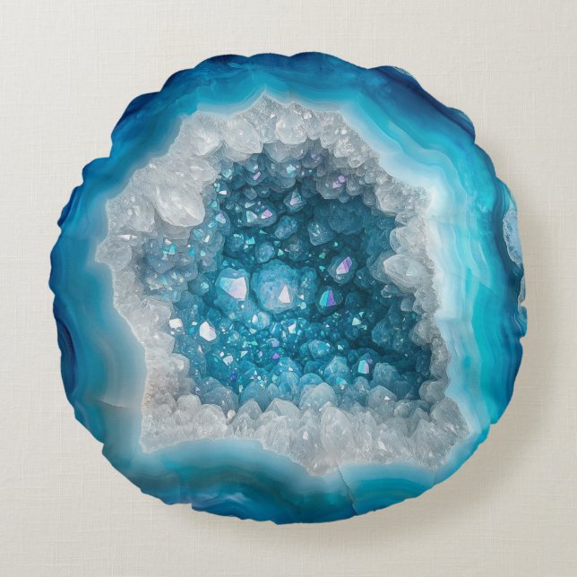 Blue Geode Rock Mineral Agate Crystal Modern Rond Kussen (Voorkant)