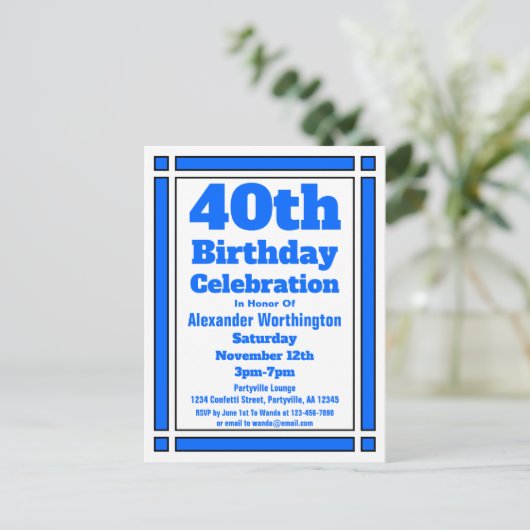 Blue Geometric 40th Birthday Invitation Briefkaart (Staand voorkant)