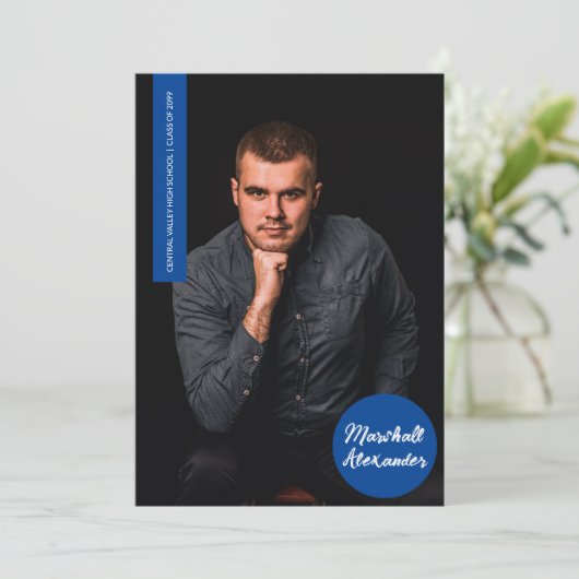 Blue Geometric Afstuderen Photo Invitation (Staand voorkant)