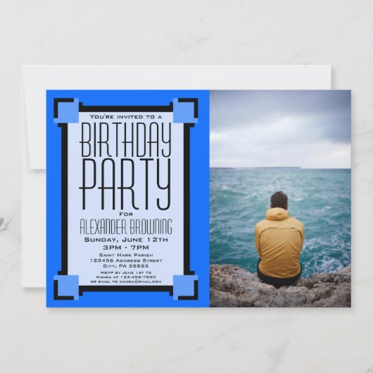 Blue Geometric Art Deco Birthday Party Invitation (Voorkant)