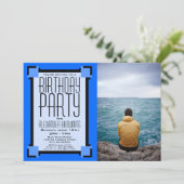 Blue Geometric Art Deco Birthday Party Invitation (Staand voorkant)
