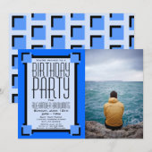 Blue Geometric Art Deco Birthday Party Invitation (Voorkant / Achterkant)