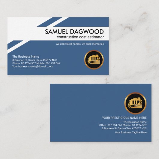 Blue Geometric Layer Gold Building Cost Estimator Visitekaartje (Voorkant / Achterkant)