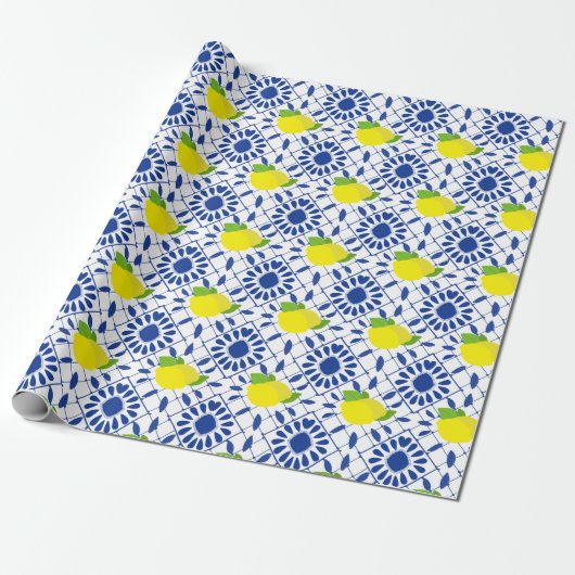Blue Geometric Lemon Tile Cadeaupapier (Uitgerold)