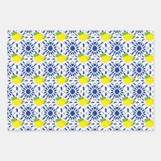 Blue Geometric Lemon Tile Inpakpapier Vel (Voorkant 3)