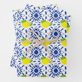 Blue Geometric Lemon Tile Inpakpapier Vel (In situ)