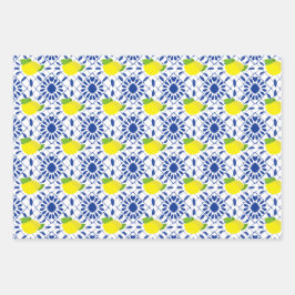 Blue Geometric Lemon Tile Inpakpapier Vel
