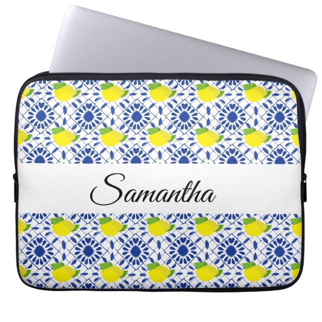 Blue Geometric Lemon Tile Laptop Sleeve (Voorkant)