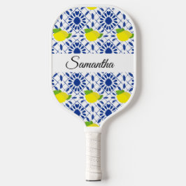 Blue Geometric Lemon Tile Pickleball Paddle