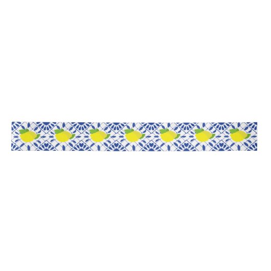 Blue Geometric Lemon Tile Satijnen Lint (Voorkant)