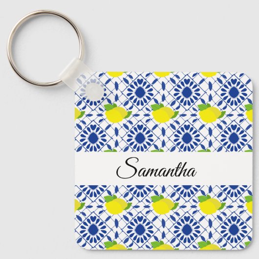 Blue Geometric Lemon Tile Sleutelhanger (Voorkant)