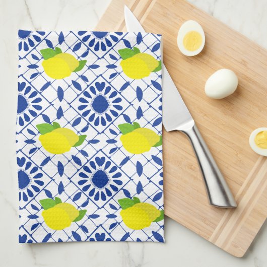 Blue Geometric Lemon Tile Theedoek (Quarter Fold)