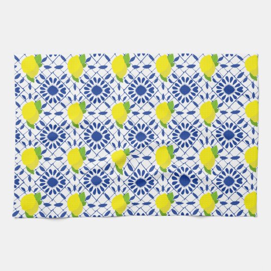 Blue Geometric Lemon Tile Theedoek (Horizontaal)