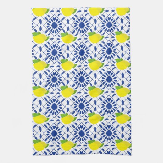 Blue Geometric Lemon Tile Theedoek (Verticaal)