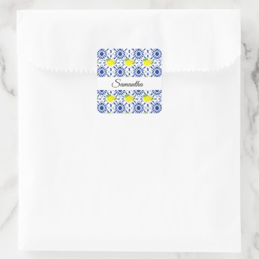Blue Geometric Lemon Tile Vierkante Sticker (Tas)