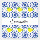 Blue Geometric Lemon Tile Vierkante Sticker (Voorkant)