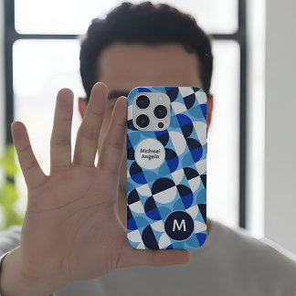 Blue Geometric Mosaic Bauhaus Monogram Custom Name iPhone 15 Pro Max Case