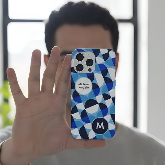 Blue Geometric Mosaic Bauhaus Monogram Custom Name iPhone Hoesje