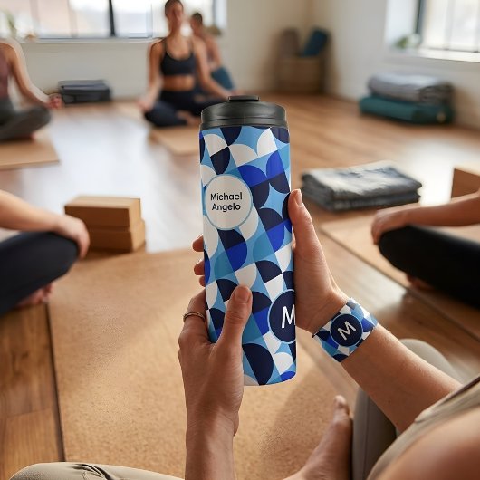 Blue Geometric Mosaic Bauhaus Monogram Custom Name Thermosbeker