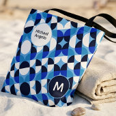 Blue Geometric Mosaic Bauhaus Monogram Custom Name Tote Bag