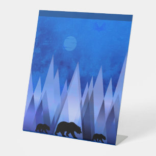 BLUE GEOMETRIC MOUNTAINS BEER RECLAMEBORD MET VOETSTUK