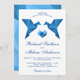 Blue Geometric Origami Birds Wedding Invitation Kaart