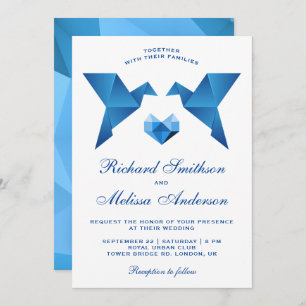 Blue Geometric Origami Birds Wedding Invitation Kaart