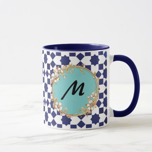 Blue Geometric Pattern Mug with Gold Floral Circle Mok (Rechts)