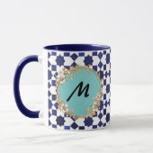 Blue Geometric Pattern Mug with Gold Floral Circle Mok (Links)