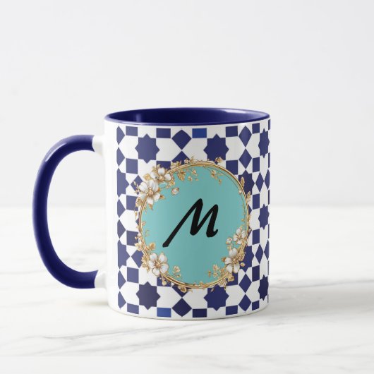 Blue Geometric Pattern Mug with Gold Floral Circle Mok (Links)