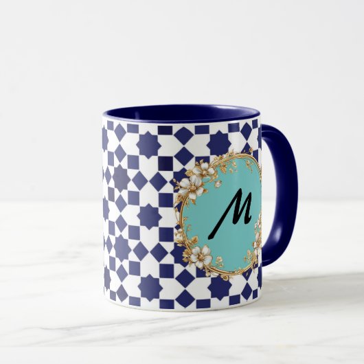 Blue Geometric Pattern Mug with Gold Floral Circle Mok (Voorkant rechts)