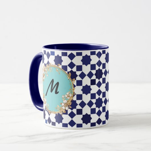 Blue Geometric Pattern Mug with Gold Floral Circle Mok (Voorkant links)