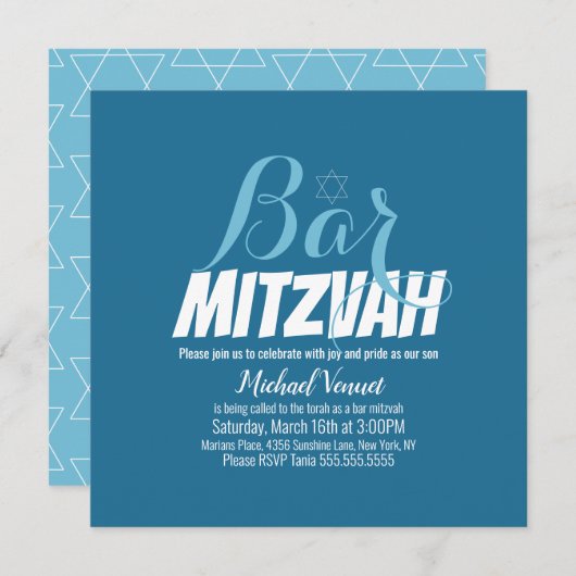 Blue Geometrical White Bar Mitzvah Kaart (Voorkant / Achterkant)