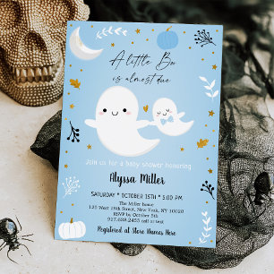 Blue Ghost Little Boo Halloween Baby shower Kaart