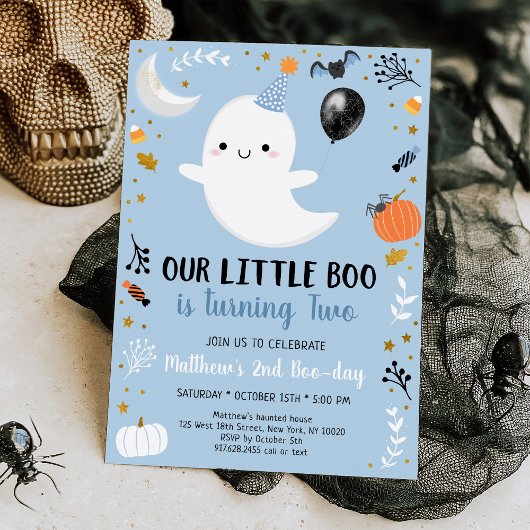 Blue Ghost Little Boo Second Birthday Kaart