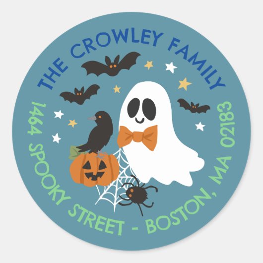 Blue Ghost Raven Halloween Familie Retouradres Ronde Sticker (Voorkant)