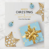 Blue Gift Box Gold Snowflakes kerstballen Wijn Etiket (Enkel label)