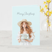 Blue Gift Red Hair Woman Christmas   Kaart (Gele Bloem)