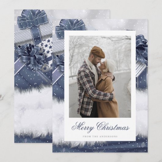 Blue  Gift Snow-fotokerstkaarten Feestdagenkaart (Voorkant / Achterkant)