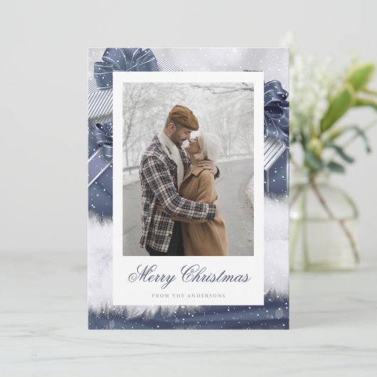 Blue  Gift Snow-fotokerstkaarten Feestdagenkaart (Staand voorkant)