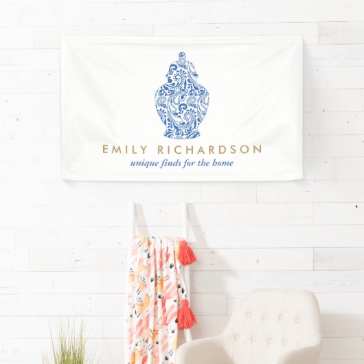 Blue Ginger Jar Pottery Logo Designer White/Blue Spandoek (Insitu)