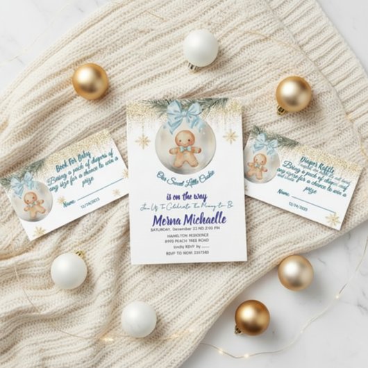 blue Gingerbread boy in Bauble Diaper raffle Informatiekaartje