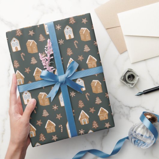 Blue Gingerbread House Christmas Pattern Cadeaupapier (Geschenken)